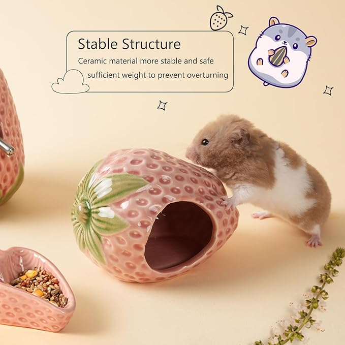 Ceramic Hamster Hideout,Strawberry Dwarf Hamster House,Guinea Pig Habitat Decor, Hideaway House for Gerbil, Cool Bed for All Season(Pink)