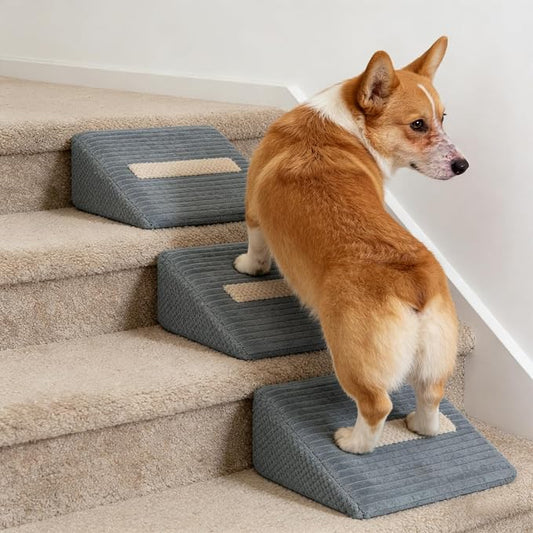 Foam Dog Ramp for Stairs, Low-Impact Climbing Dog Stairs for Senior Dogs | 5.1"H, 3 Pack, 40D High-Density Foam Won't Collapse, Protects Joints, Anti-Slip & Self-Sticky Pads, Washable Cover, Grey