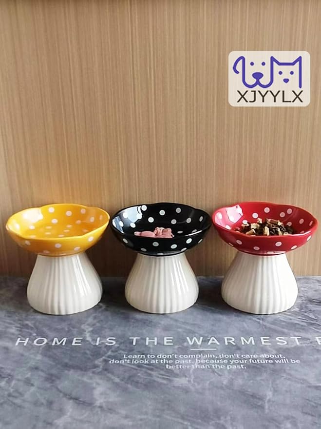 Elevated Mushroom Cat Bowls Ceramic, Raised Cat Bowls for Indoor Cats, Cute Whisker Fatigue Cat Bowl, Raised Dog Bowl Stand for Food and Water, Yellow 6" Wide for Adult Cats