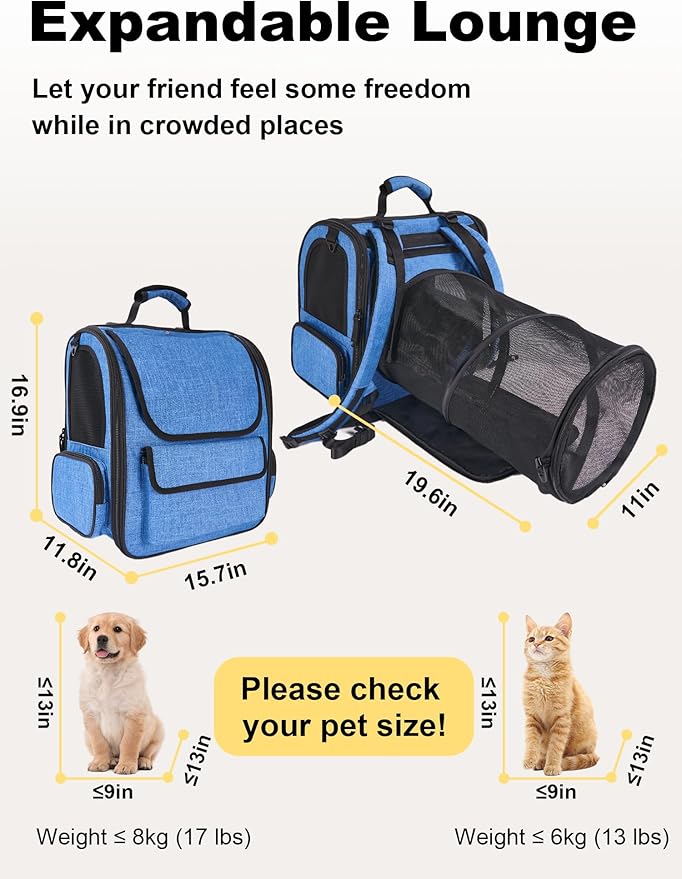 Large Cat Carrier with Tunnel Extension, Portable Small Dog Backpack with Ventilated Mesh Windows, Anti-Scratch Fabric, Luggage Strap and Chest Buckle for Travel, Hiking, Camping,Gray Blue