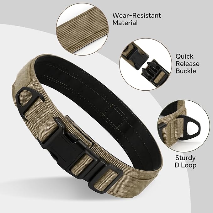 Tactical Durable Dog Collar, Metal D-Ring, Adjustable Heavy Duty Dog Collar with Heavy Quick-Release Buckle for Medium Large Dogs (Khaki, L)