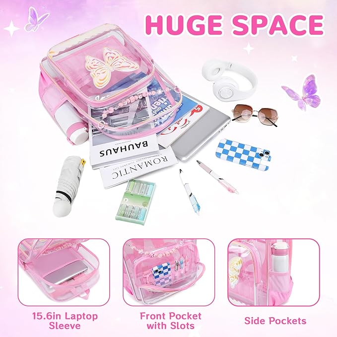 MUSEVOS Clear Backpack, Clear Bookbag for School PVC Heavy Duty Transparent Backpack for Girls, Pink Butterfly