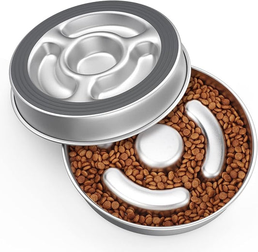 AIPERRO Stainless Steel Non Slip Slow Feeder Dog Bowl, 4 Cups Metal Dog Food Bowls for Medium and Large Dogs, Fun Bloat Stop Pet Bowl Dogs Water Bowl for Fast Eaters, Slows Down Pets Eating