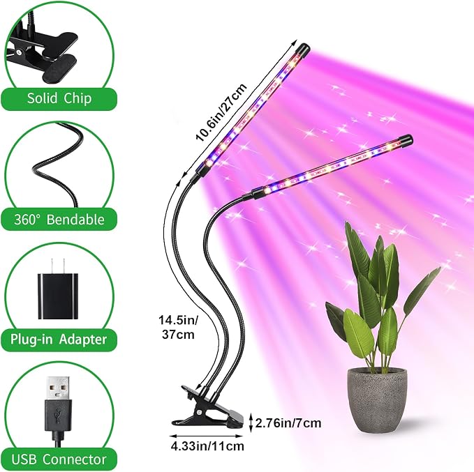 RWNTAO LED Plant Grow Light with Flexible Gooseneck, Suitable for Indoor Plants, Full Spectrum Clip on Plant Growing Light with Red, Blue, Yellow Beads, 10 Brightness Levels, 3/9/12H Auto Timer