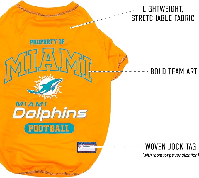 NFL Miami Dolphins Dog T-Shirt for Pets, Size Small. Officially Licensed Pet Shirt with Team Logo, Soft Stretchable Comfort Fit Apparel for Dogs & Cats