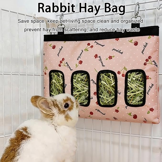 Rabbit Hanging Hay Feeder Bag Large Capacity Small Animal Hay Dispenser 600D Oxford Cloth Rabbit Hay Storage Bag for Bunnies Guinea Pigs Chinchillas (Pink)
