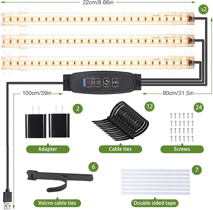 8.6'' LED Grow Light Strips, Full Spectrum 3500K Grow Lights for Indoor Plants, 3 Head with 3/9/12H Timer, 10 Dimmable Levels, Suitable for Seedling, Succulent, Plant Shelf and Greenhouse, 2-Pack