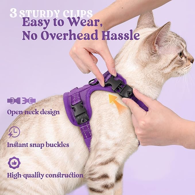 rabbitgoo Cat Harness and Leash, Escape Proof Vest with 3 Adjustable Buckles, Soft Comfortable Kitten Harness, Easy to Wear, Reflective for Safe Outdoor Walking, XS, Purple