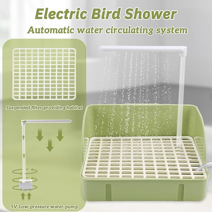 Automatic Bird Bath Fountain with Anti-Bite Cord Protector, Large Parrot Bathtub with Running Water Faucet, USB Electric Bird Shower for Parakeet, Cockatiel, Conure, African Grey, Lovebirds (Green)