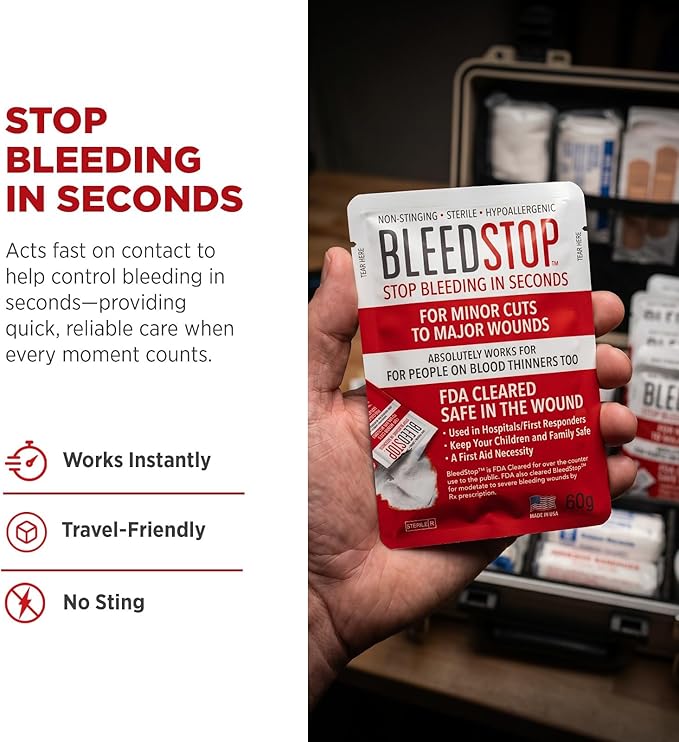 BleedStop™ First Aid Powder for Blood Clotting, Trauma Kit, Blood Thinner Patients, Camping Safety, and Survival Equipment for Moderate to Severe Bleeding Wounds or Nosebleeds - 2 (20g) Pouches