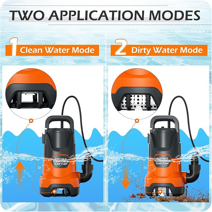 Sump Pump 1HP Clean/Dirty Submersible Water Draining Pump 4500GPH Electric Portable Water Transfer Pumps for Pool Basement Garden Spa Hot Tubs Pond Flood Yard, Orange