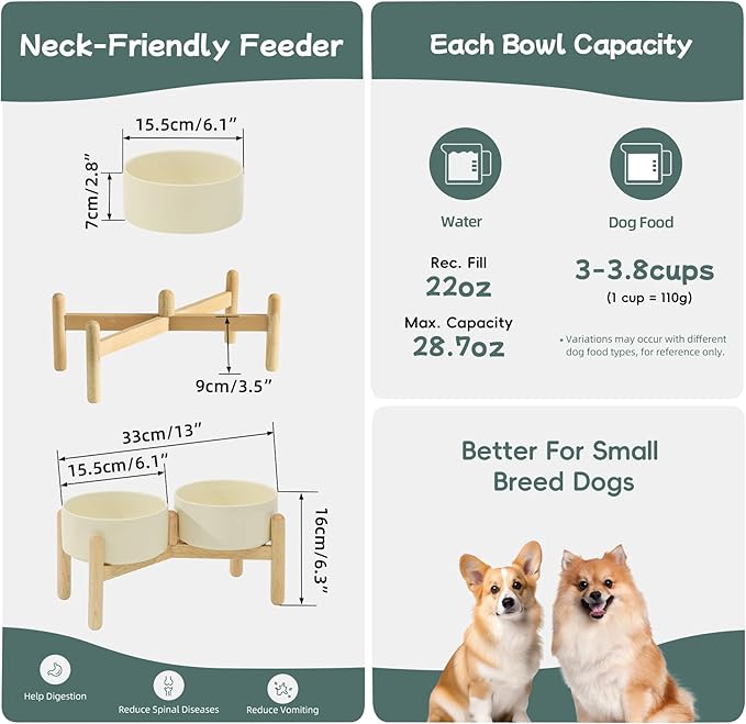Havniva Ceramic 6.1inch Raised Dog Bowl with Stand for Small and Medium Breed Dog Dish Pet Food and Water Bowl (Double Bowl with Stand - Light Yellow, 28oz)