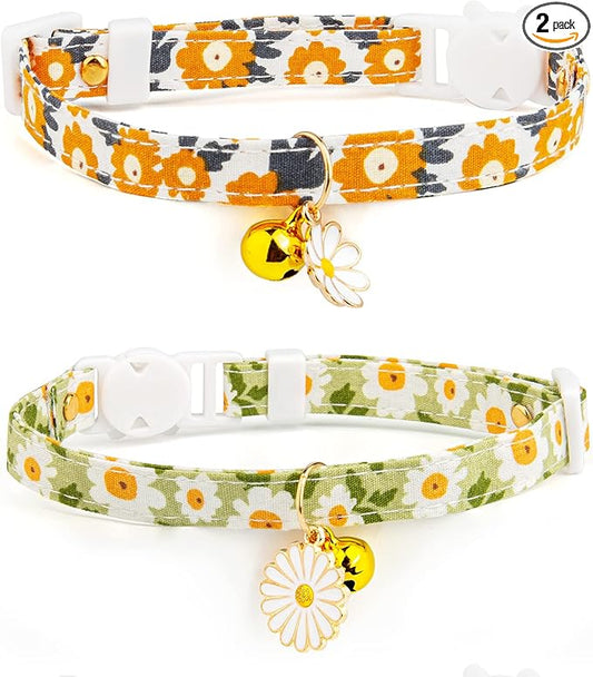 2 Pack Cotton Breakaway Cat Collar with Bell Green&Orange Daisy Pendant Cute Kitten Cat Collar Suitable for Girls and Boys