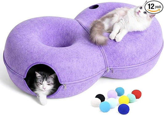 8-Shaped Large Cat Tunnel Bed for Indoor Cats, Infinite Circulation Peekaboo Cat Cave with 12 Toy Balls, Cat Donut Tunnel for Cats up to 30 Pounds (Purple, L(38x24x11in))