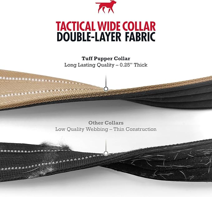 Tuff Pupper Tactical Dog Collar | Heavy Duty 1.5" Wide Ballistic Nylon | Training Control Handle | Quick-Release Metal Buckle | Reflective Bands | ID Tag Holder | Padded Inner Lining (Tan, Large)