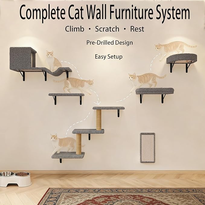 Cat Wall Shelves, 10-Piece Complete Cat Wall Furniture System with Perches and Scratching Posts, Stable Floating Climbing Set for Large Indoor Cats, Space Saving Kitty Furniture - Light Gray