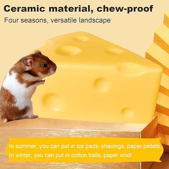 Hamster Hideout,Ceramics Hamster Cheese Shape Bed,Small Animal Houses & Habitats Cute,Suitable for All Seasons, Suitable for Dwarf Hamsters, Gerbils, Mice, Guinea Pigs, And Other Small Animals.