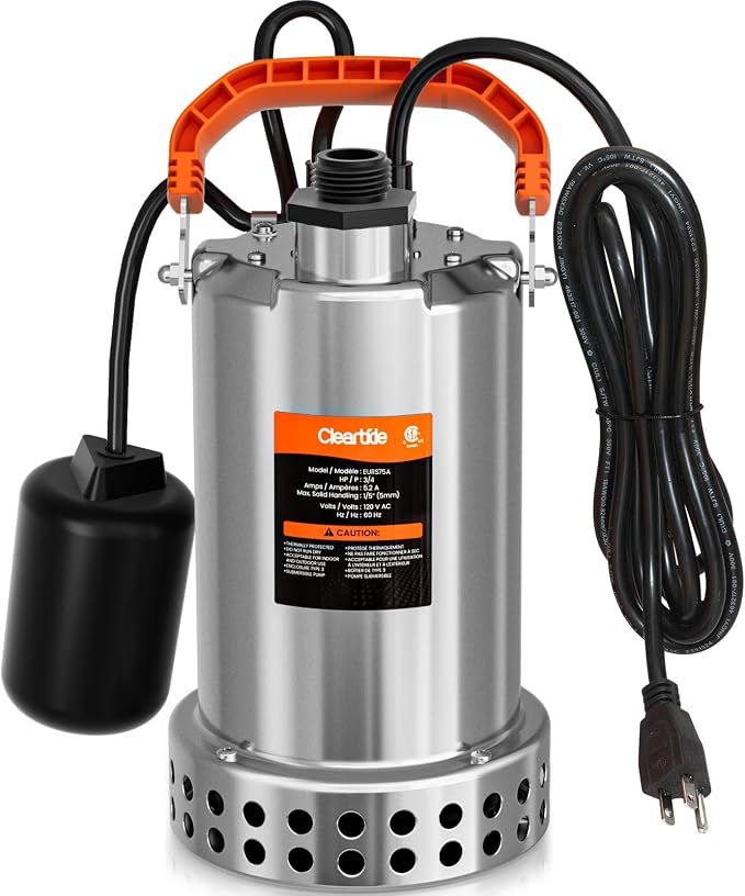 Stainless Steel Submersible Water Sump Pump with Float Switch, 3/4 HP, 3780 GPH Ideal for Pool, Yard, Flooded Cellar & Basement, Hot Tub, Pond, and Garden Draining, 10 FT Cord