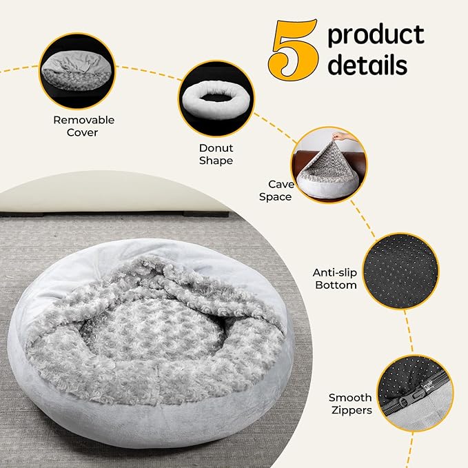 Small Dog Bed with Blanket Installation Required Removable Cover Cave Washable Cat Pet Bed for Crate Toy Puppy Donut Round Pad Plush Cozy Anti-Slip Bottom Gray 23X23X7 inch