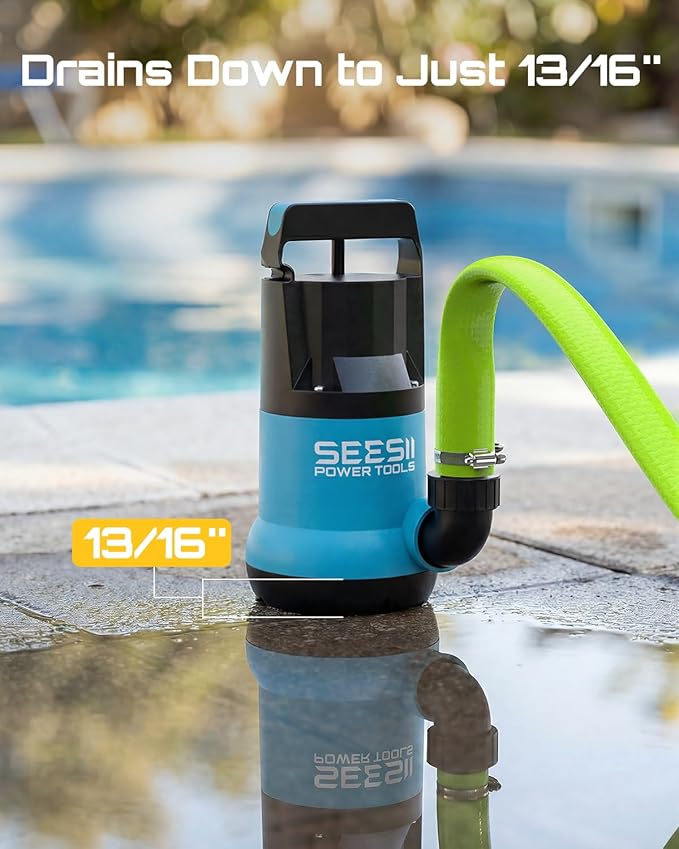 SEESII 1HP Submersible Water Pump, 4755GPH High Flow Sump Pump with 23ft Hose Kit, Anti-Clogging Filter Net for Swimming Pool Hot Tub Pond Basement Rooftop Garden Water Removal