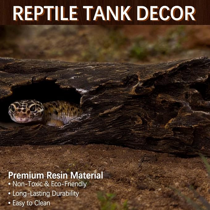 Tfwadmx Leopard Gecko Hide, 10" Reptile Hideout, Resin Simulated Hollow Log for Aquarium, Betta Fish Hideout, Reptile Tank Accessories for Corn Snakes, Lizards, Axolotls