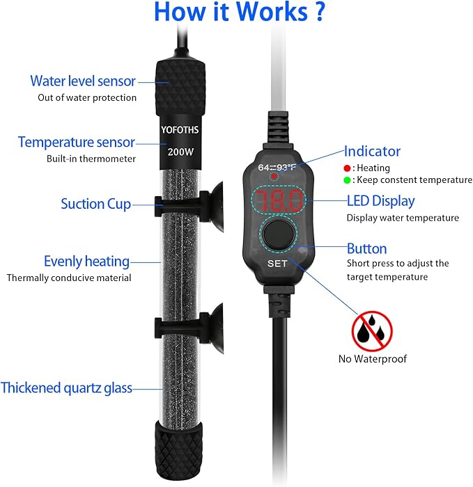 YOFOTHS Adjustable Mini Aquarium Heater 20-40 Gallons Submersible Small Fish Tank Heater 200W Digital Display Thermostat External Temperature Controller (200W)