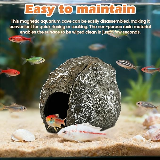 Magnetic Aquarium Cave Magnetic Rocks Fish Tank Decor with Strong Magnetics Resin Pleco Hideout for Bettas Easy Viewing Shelter(Color:Brown)