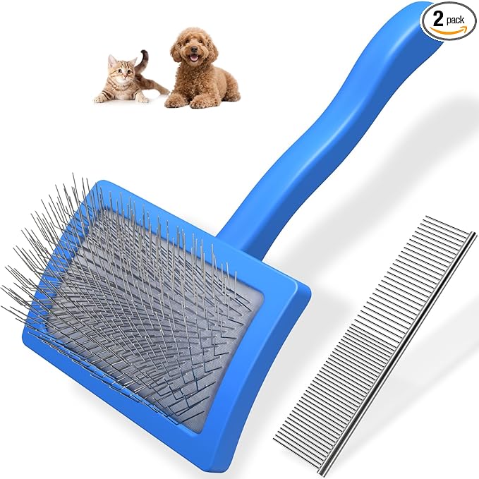 2PCS Slicker Brush for Dogs & Pet Comb,Professional Dog Grooming Brush (Goldendoodles,Poodles,Labradoodles) with Extra Long Pins to Effectively Remove Tangles, Knots and Mats (Blue, Medium)