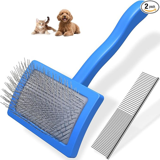2PCS Slicker Brush for Dogs & Pet Comb,Professional Dog Grooming Brush (Goldendoodles,Poodles,Labradoodles) with Extra Long Pins to Effectively Remove Tangles, Knots and Mats (Blue, Medium)