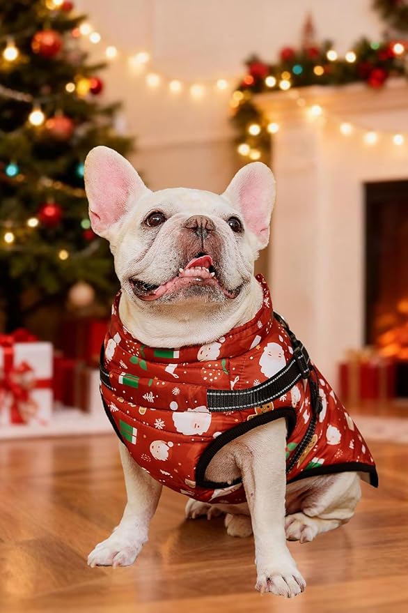 Aiboria Dog Jacket Windproof Fleece Dog Sweater with Padded Vest Chest Strap Harness Dogs Coat Christmas Red XXL