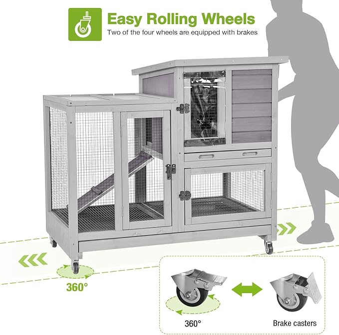 GUTINNEEN Rabbit Hutch Indoor Rabbit Cage with Wire Mesh Floor and Wheels Outdoor Bunny House 2 Story Guinea Pig Cage with Leakproof Asphalt Roof (Higher Version)