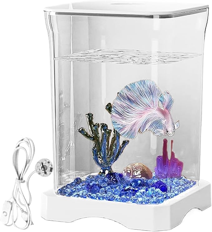 Small Fish Tank - LED Aquarium, Acrylic Mini Bowl with Feeding Hole, Compact Betta Container, Clear Stylish Design | Home Office Decoration, Desktop Display, Bedroom Aquarium, Small Aquatic Habitat