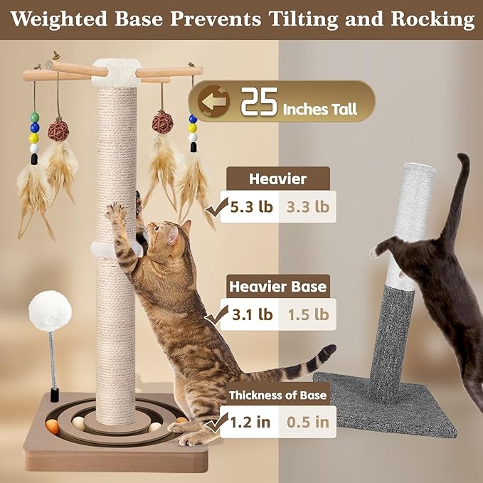 PAROTO Cat Scratching Post, Sisal Cat Tree Tower Scratcher for Indoor Cats Adults with Interactive Toys, Double Ball Track, 2 Mounting Methods, 25 inches