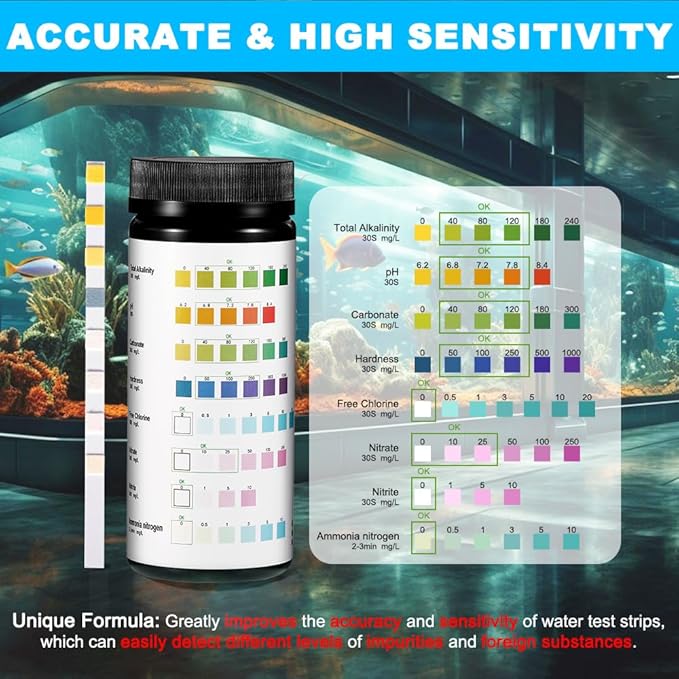 DaToo 8 in 1 Aquarium Test Kit Fish Tank Test Strips Accurate Water Quality Testing Strips for Ammonia PH Total Alkalinity Carbonate Hardness Free Chlorine Nitrate Nitrite Temperature (150 Strips)