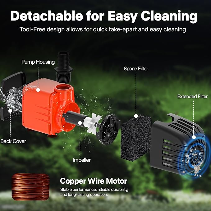 Doko Submersible Water Pump,460GPH Aquarium Water Pump with Extended Mesh Cover and Sponge,Ultra Quiet Pond Pump with 6Ft Power Cord for Fountains, Fish Tanks, Hydroponics, and Waterfalls