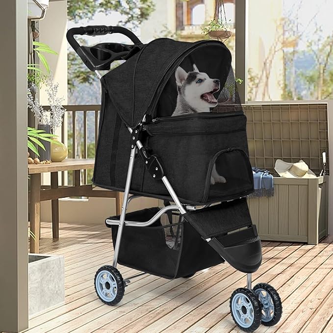 BestPet Pet Stroller Dog Cat Jogger Stroller for Medium Small Dogs Cats Folding Lightweight Travel Stroller with Cup Holder (Black, 3 Wheels)