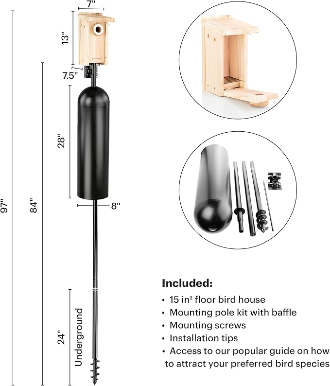 WHITEHORSE Bird House with Pole and 28" Baffle - A Bluebird House Built to NABS Specs - Nestbox for Various Songbird Species - Bluebird Box House - Weatherproof Bird Houses for Outdoors (15” Floor)