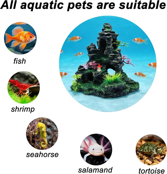 Large Aquarium Decoration Resin Fake Rock Mountain Ornament Landscape Castle Decoration Fighting Fish Reptiles Turtles Hiding Cave Fish Tank Ornaments Accessories - Height 10.7 inches (Purple)