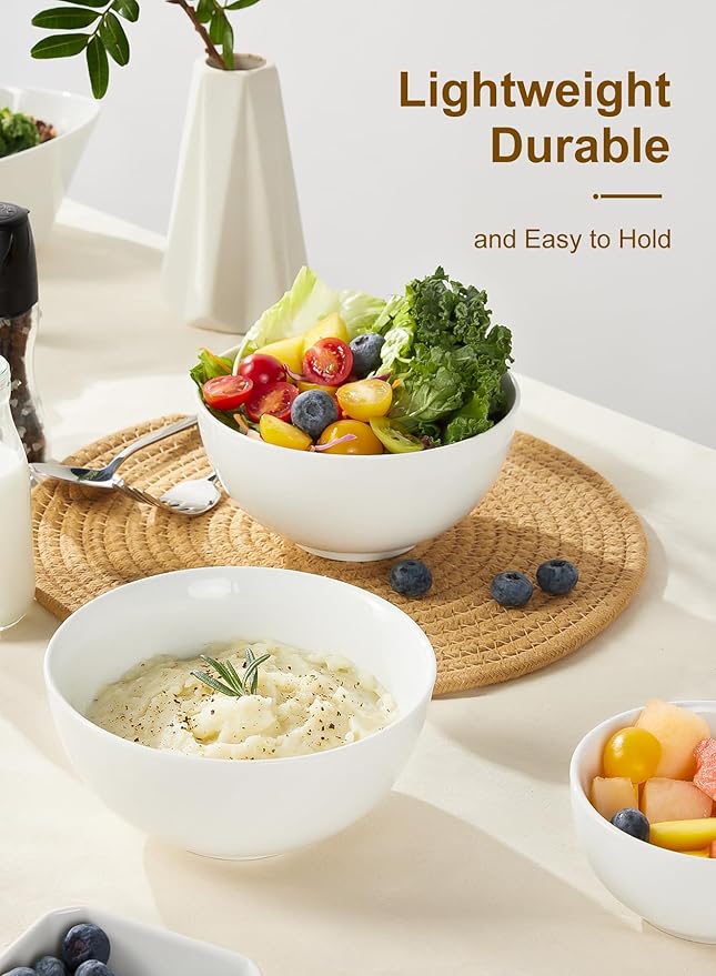 22 oz White Porcelain Bowls Set of 4 – Cereal, Soup, Rice, Oatmeal & Salad Bowls – Microwave & Dishwasher Safe, Stackable for Kitchen Use