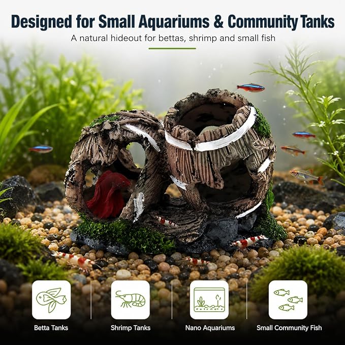 Resin Double Barrel Aquarium Cave for Betta, Shrimp & Small Fish | 5.5 x 2.8 x 3.9 in resin double-barrel hideout with multiple openings for bettas, shrimp, guppies and small fish