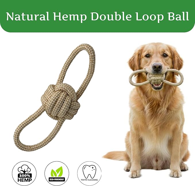 Natural Hemp Dog Rope Toy, Durable Chew and Tug Toy for Medium and Large Dogs, Biodegradable Dental Cleaning Pet Toy (Double Loop Ball)