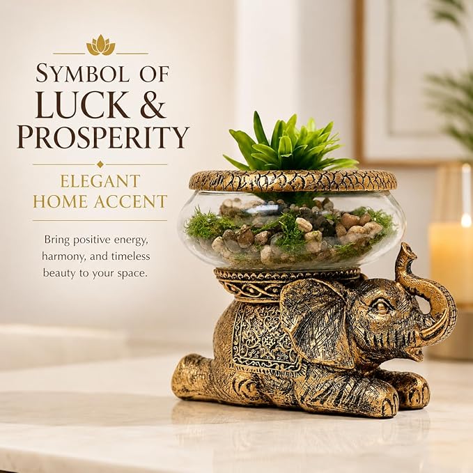Good Luck Elephant Terrarium Bowl, Antique Gold | Elephant Figurine with Removable Glass Bowl, Succulent Planter, Candle Holder, Air Plant Display, Zen Home Décor Accent