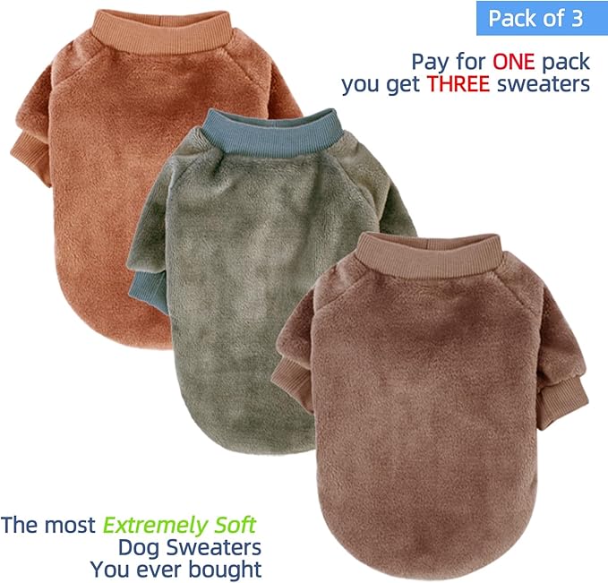 FabriCastle Small Dog Sweaters, 3-Pack Dog Clothes for Small Dogs Boy & Cats, Soft and Warm Pet Coats XXS - XXL, Winter Pet Jackets, Doggy Apparel Costumes Outfits (Camel,Khaki,Olive, XX-Large)