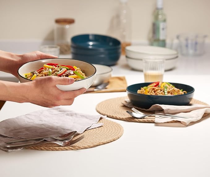 KooK Porcelain Pasta Bowl Set, for Soups and Salads, Serving Bowls, Large Capacity, Microwave & Dishwasher Safe, Set of 4, 40 Oz (Black Rim)