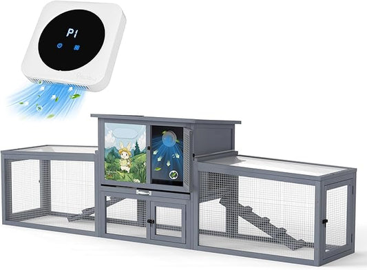 COZIWOW Outdoor Deluxe Rabbit Hutch Health Bundle: 95-Inch Large Cage & Smart Air Purifier for Rabbits, Chickens, and Small Animals
