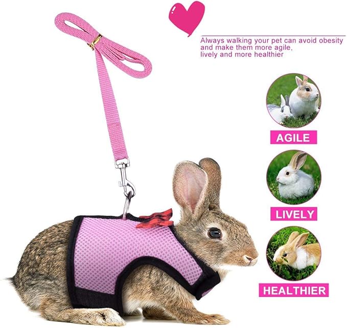 Rabbit Harness with Leash Adjustable Soft Mesh Vest Harness for Bunny Kitten Guinea Pig Rat (L, Pink)