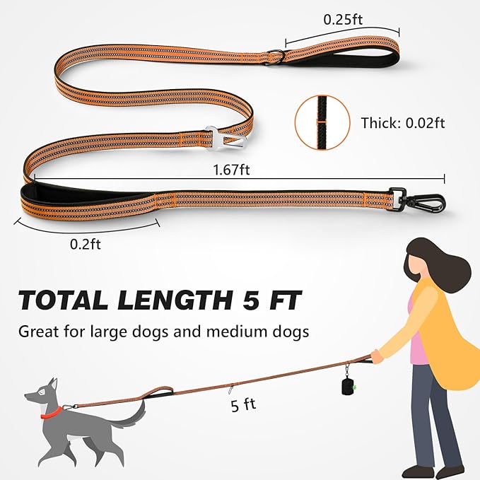 WINGOIN Dog Leash for Large Medium Small Dogs, Heavy Duty Dog Leashes with Double Handle, Poop Bag Holder, Car Seat Belt Buckle, Reflective Tactical Pet Lead for Walking, Training (Orange, 5FT)