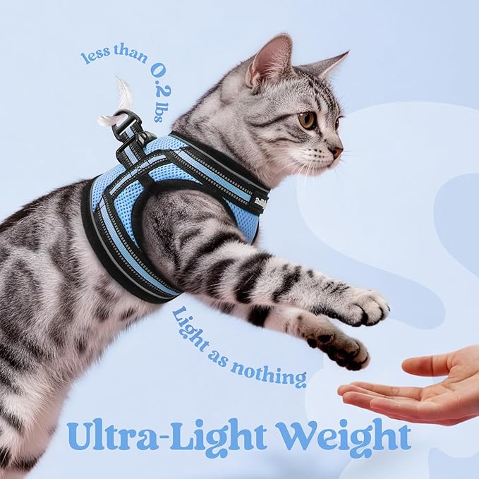 rabbitgoo Cat Harness and Leash Set for Walking Escape Proof, Adjustable Soft Kittens Vest with Reflective Strip for Cats, Comfortable Outdoor Vest, Light Blue, L