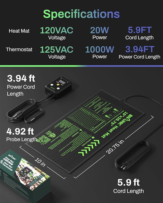 BN-LINK 10" x 20.75" Seedling Heat Mat with Thermostat Controller Combo Set | Plant Heating Pad for Seed Starting with Temperature Control, Warming Mat for Indoor Growing, Plants Germination, ETL Listed