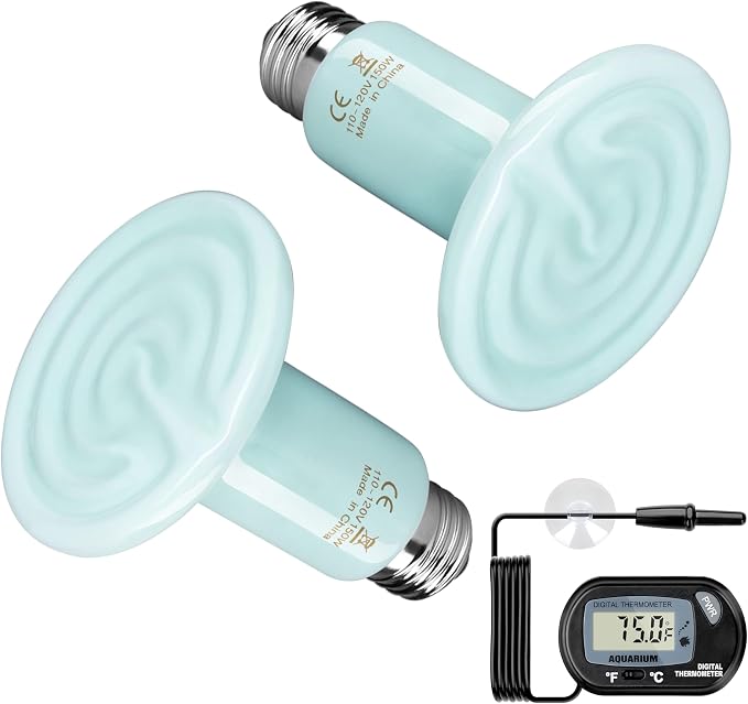 Simple Deluxe 150W 2-Pack Ceramic Heat Emitter Reptile Heat Bulb No Light, LCD Digital Aquarium Thermometer, for Reptile Amphibian, 2 Pack + Thermometer, Blue